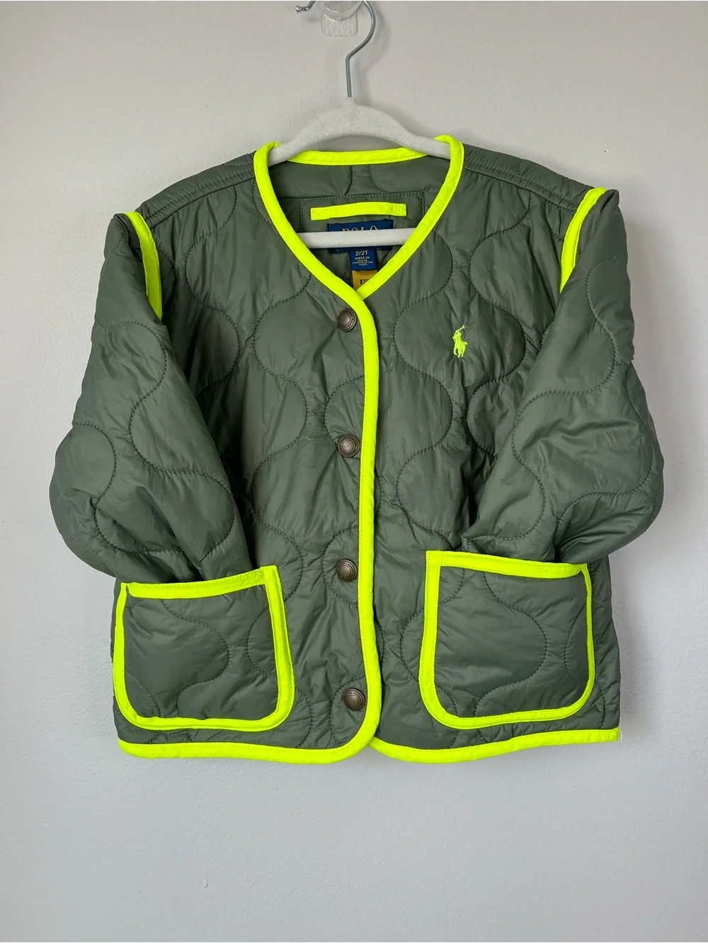 Polo Ralph Lauren Kids 2T Olive Quilted Kids Bomber Jacket Neon Trim STREETWEAR